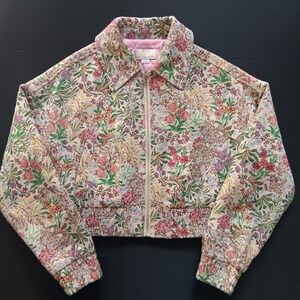 Kimchi Blue Tapestry Jacket Womens Size M Floral Cropped Excellent Zip Up Woven
